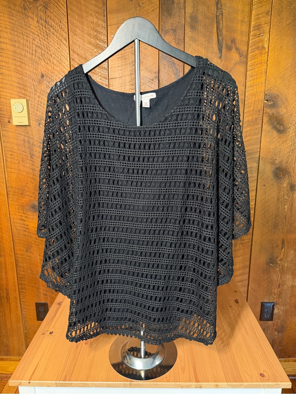 Cato Black Crochet Open Knit Poncho Top 2X Boho Lagenlook Whimsical Goth Witchy
